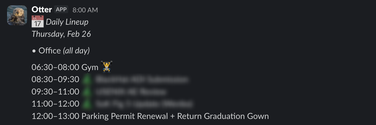 Daily lineup, calendar events and todos scheduled for the day