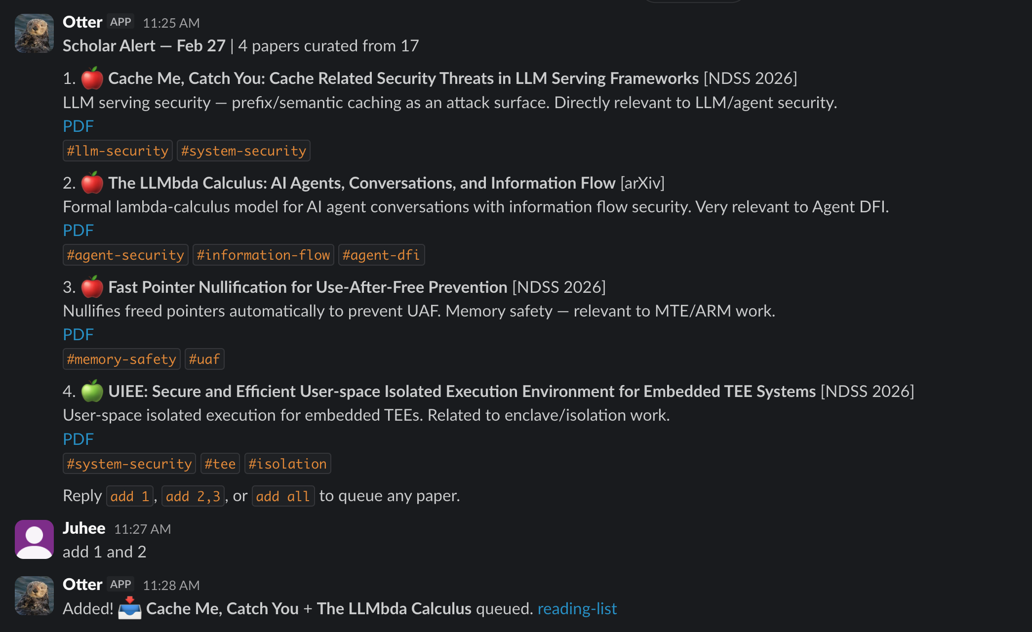 Scholar alert in #reading, 4 curated papers with tags and PDF links. Typing add 1 and 2 queues them to the reading list.