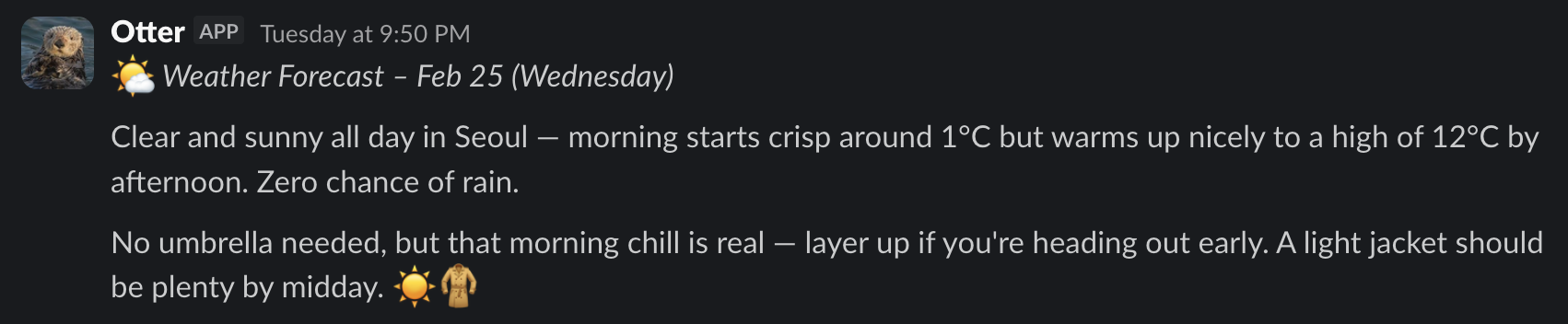 Evening weather forecast, temperature range, conditions, and what to wear